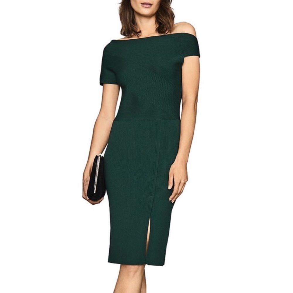 Reiss Lavinia Knit Off-the-shoulder Sheath Dress In Green Size Large NWT